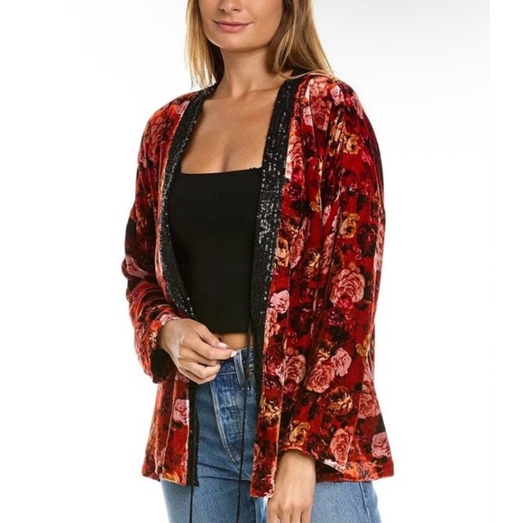 Johnny Was Women's Billie Short Kimono Velvet Floral Open Front Jacket Red Small - Picture 1 of 11
